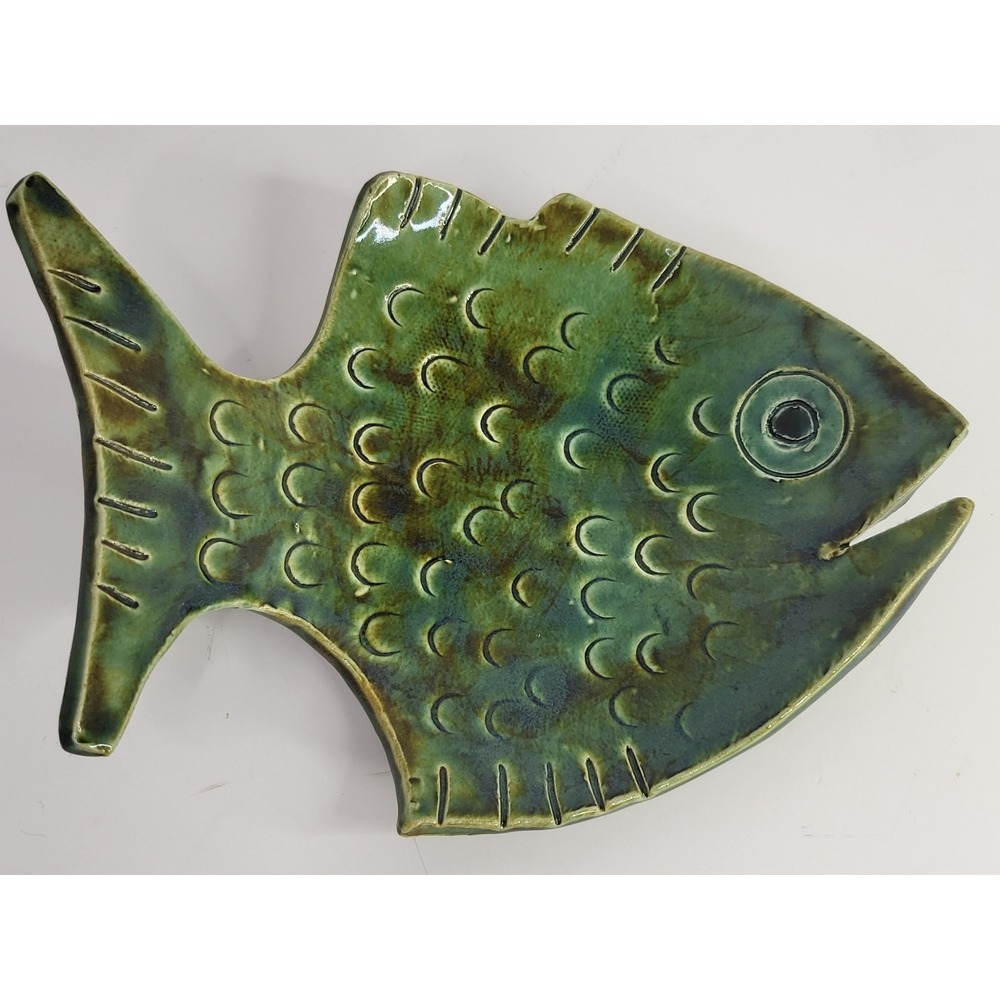 Studio Pottery Fish Wall Hanging Ceramic Art Green Blue Glaze Signed NH Coastal